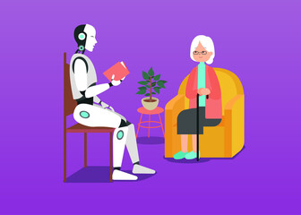 Smart cyborg with artificial intelligence cares about grandmother and reads a book for her. Clipart illustration.