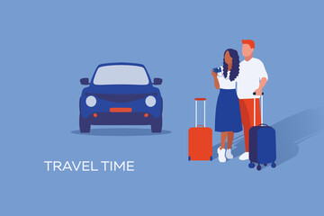 Illustration of journey of couple in love they stay with suitcases in background with car. Travel and vacation time.
