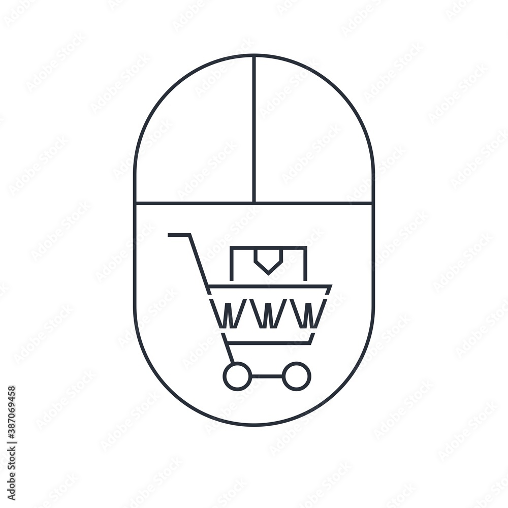 Aufkleber computer mouse with online sales sign. e-commerce. vector linear icon isolated on white background.