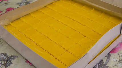 Malaysian dessert food, Seri Muka Durian is a two-layered dessert with steamed glutinous rice...