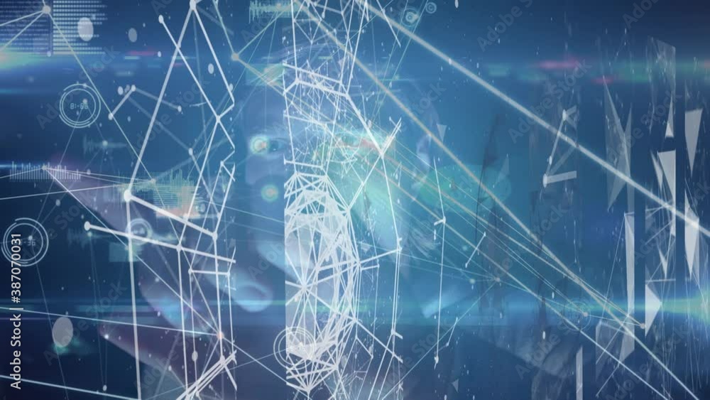 Poster network of connections and data processing against blue background
