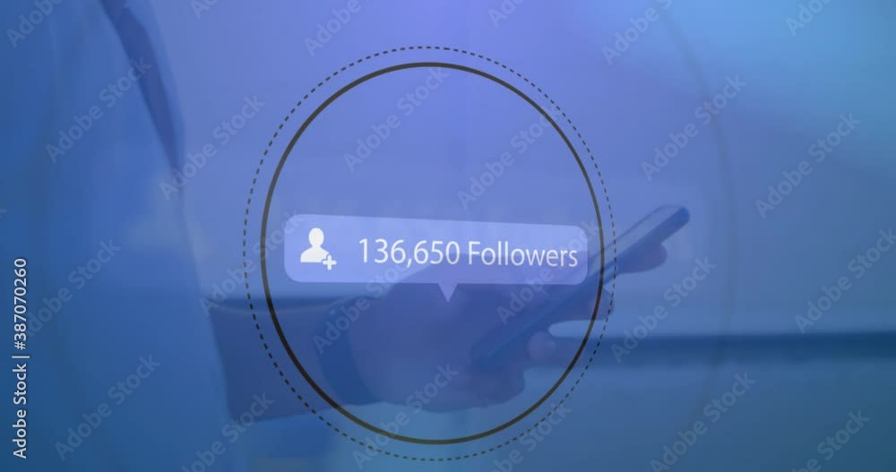 Aufkleber speech bubble with followers text with increasing numbers against man using smartphone