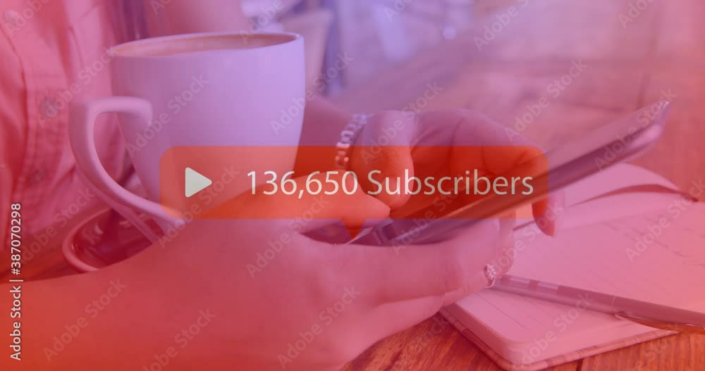 Aufkleber speech bubble with subscribers text with increasing numbers against woman using smartphone