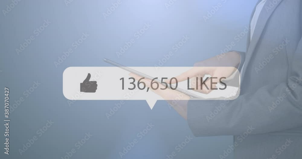 Aufkleber speech bubble with thumbs up icon and increasing numbers against man using digital tablet