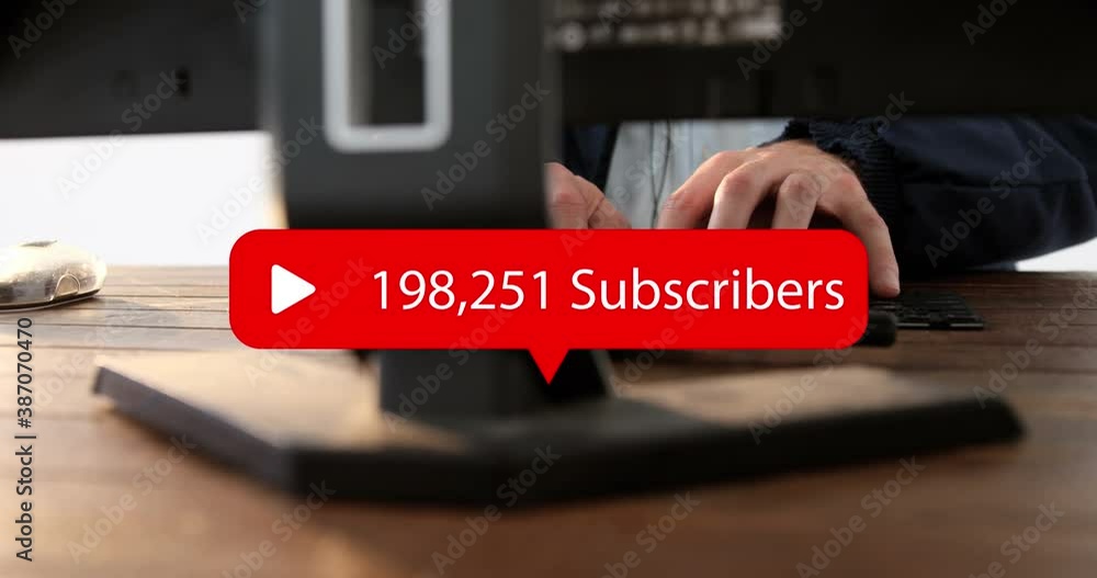 Poster speech bubble with subscribers text with increasing numbers against man using computer