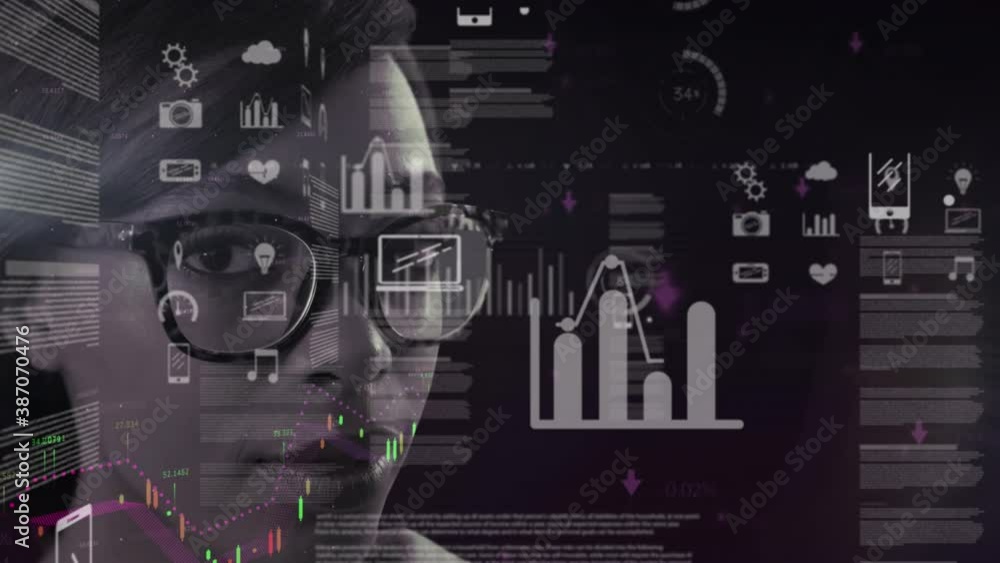 Poster digital interface with data processing against portrait of woman