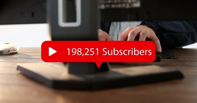Speech bubble with subscribers text with increasing numbers against man using computer