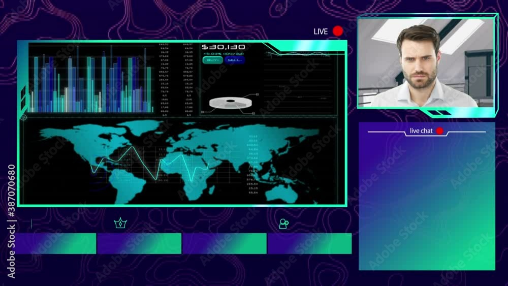 Poster Digital interface with icons on screen with world map and statistics and man talking on video call