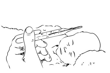 Vector Hand Draw Sketch, Doctor doing doing a temperature check to a baby