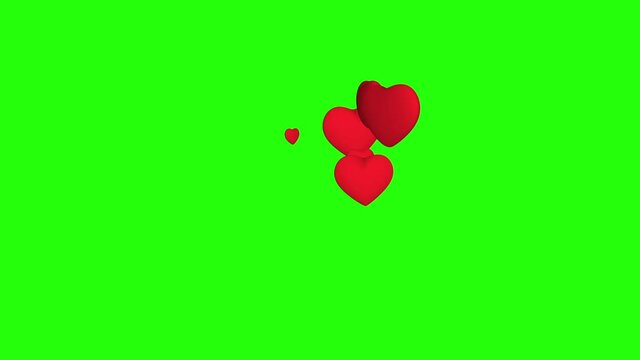animation of many 3D hearts spinning around their axis on a green chroma key, they are generated and fly up. Valentine's day concept. health, like, love. Single element for design. Motion graphics.