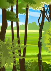 Obraz premium Rural hills. Landscape with trees. Vector. Pasture grass for cows and a place for a vegetable garden and farm. Meadows and trees. Horizon. Beautiful view. Summer.