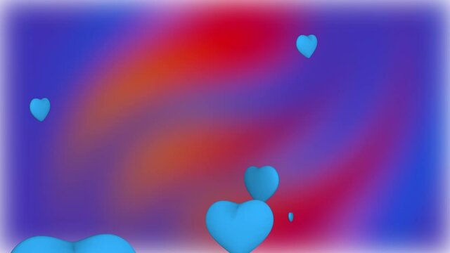 animation of many multicolored 3D hearts spinning around their axis on an abstract colored background. Generated and fly sideways. Concept. health, like, love. design. presentation. background, splash