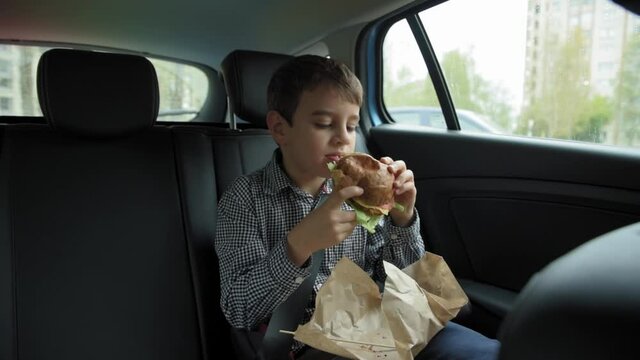 Boy wearing seat belt in car eating hamburger