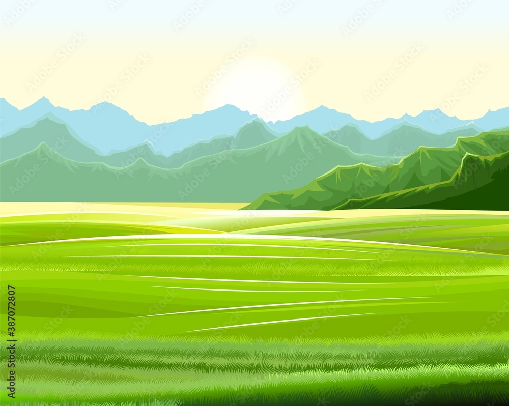 Wall mural rural hills. scenery. vector. pasture grass for cows and a place for a vegetable garden and farm. me