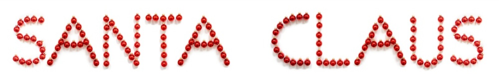 Red Christmas Ball Ornament Building English Word Santa Claus. Festive Christmas Decoration. White Isolated Background