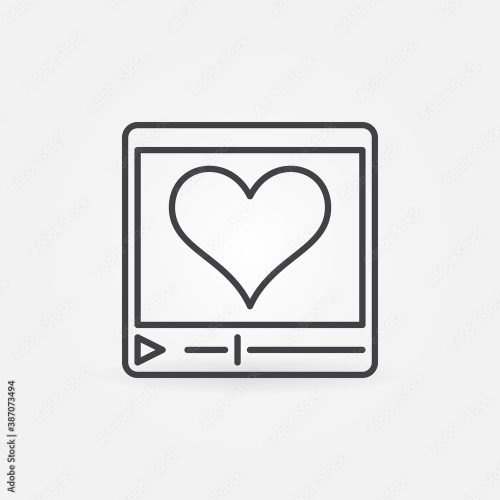 Poster video player with heart outline icon. people support vector concept line sign or design element