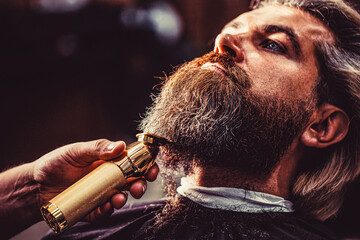 Bearded man in barbershop. Man visiting hairstylist in barbershop. Barber works with a beard clipper. Hipster client getting haircut - obrazy, fototapety, plakaty