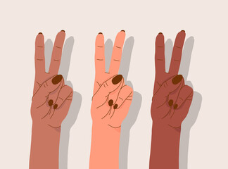 Multinational female hands. Diverse nationalities. Female power concept. Delicate feminine fists. Stock colorful illustration. Nursing and support concept. Hand-drawn style.