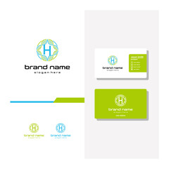 letter H DNA logo design and business card vector