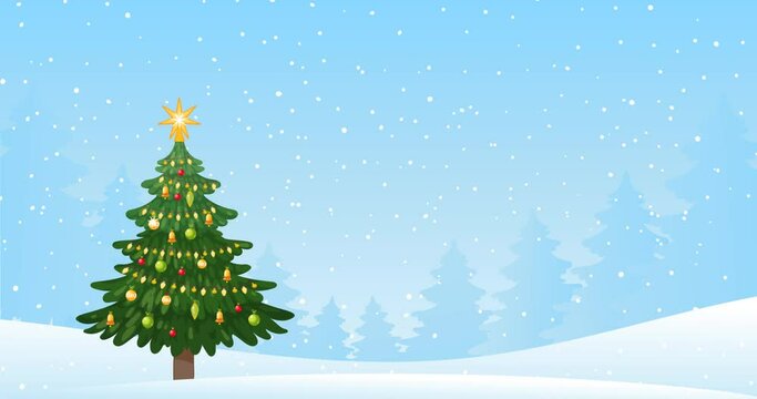 Cartoon footage for Christmas and New Year. Decorated Christmas tree in a snowy forest, snowfall. Festive winter animation with copy space.