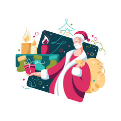 Santa Claus with gifts and Christmas tree. New Year celebration. Bright colorful vector illustration.