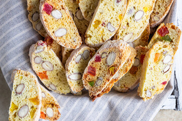 Traditional Italian cookies biscotti, cantucci or cantuccini with almond and dry fruits.