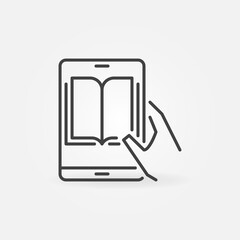 Tablet with Book in Hand linear vector concept icon or logo element