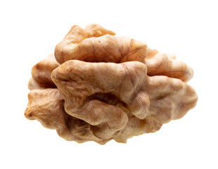 The kernel of a split walnut is isolated on a white