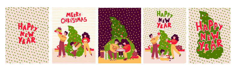 Cartoon Christmas family cards Set, Vector illustration, poster. Merry christmas.