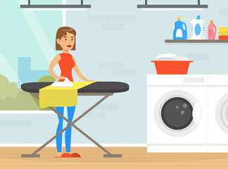 Young Woman Ironing Clothes on Ironing Board in Laundry Cartoon Vector Illustration