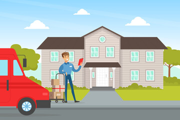 Obraz na płótnie Canvas Male Courier Delivering Parcels to Customer at Home, Delivery Service Concept Vector Illustration