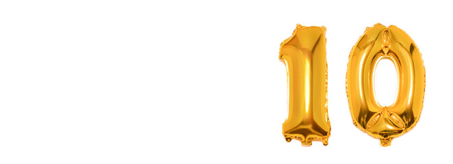 Golden number 10 ten made of inflatable balloon isolated on white background.Banner. Copy space for...