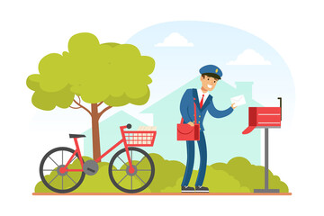 Postman Putting Letter in Mailbox, Mailman in Blue Uniform Delivering Mails to Customers on Bike, Delivery Service Concept Vector Illustration