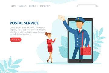 Postal Service Landing Page Template, Post Office Service Website, Mails and Parcels Delivery Vector Illustration