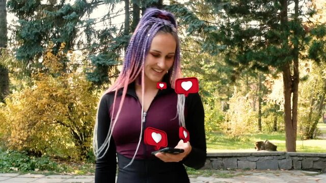 Young woman in the park uses the phone and feels happy .3d animation. influential blogger with user interface - likes, followers, comments for social networks from smartphone. internet communication