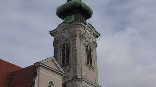 The church on the main square of medieval town Hainburg an der Donau, town is in the Bruck an der Leitha district, Lower Austria, Austria. The easternmost Austrian city