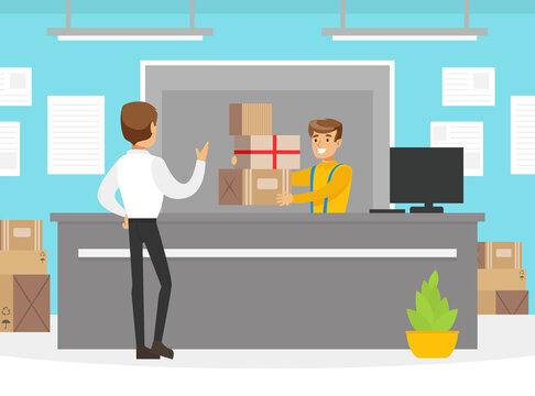 Male Customer Receiving Parcel Boxes at Post Worker, Delivery Service Office or Warehouse Interior Vector Illustration
