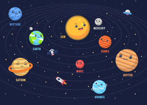 The Cute Solar System Design. Illustrations vector graphic of the cute solar system in flat design cartoon style. space kids.