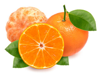 Fresh Orange with leaf on white background, Mandarine orange isolated on white background with clipping path.