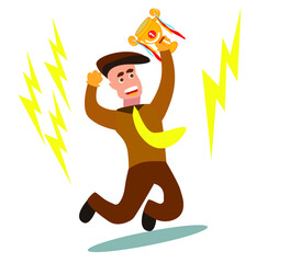 Vector concept of man holding golden cup, sign of victory. Flat Vector Illustration.