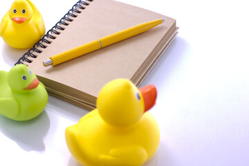 spiral craft notebook, pen for business concept with ducks on white background