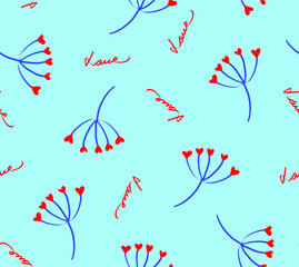 Abstract Hand Drawn Dandelion Flowers with Love Text Repeating Vector Pattern Isolated Background