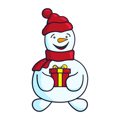 Snowman holding a gift box icon. Colored contour silhouette. Cute cartoon character. Vector flat graphic hand drawn illustration. The isolated object on a white background. Isolate.