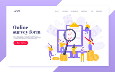 Obraz na płótnie Canvas Online survey form or exam application on the monitor screen, claim form, clipboard and tiny people working together. Internet questionnaire, online education quiz vector illustration web template.