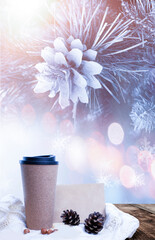 Hot coffee on a wooden table against the background of a winter landscape in a winter snowy forest. Coffee on the background of winter mountains. Snowflakes, frost.