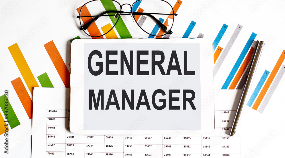 Poster notebook with tools and notes about general manager, concept