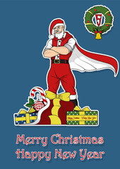 Angry Santa Claus Superhero, XMAS Wreath, Gifts Original Holiday Illustration 