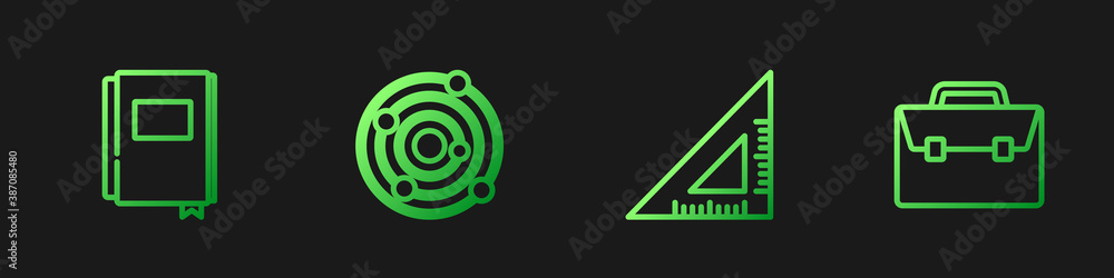 Poster set line triangular ruler, book, solar system and briefcase. gradient color icons. vector.