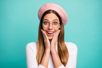 Close-up portrait of her she nice attractive lovely pretty cheerful cheery amazed straight-haired girl enjoying good news isolated over bright vivid shine vibrant blue color background