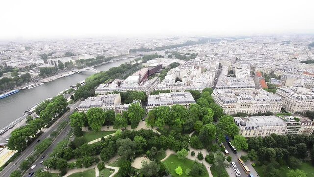 Aerial view of Paris and Seine River, France. Slow motion
